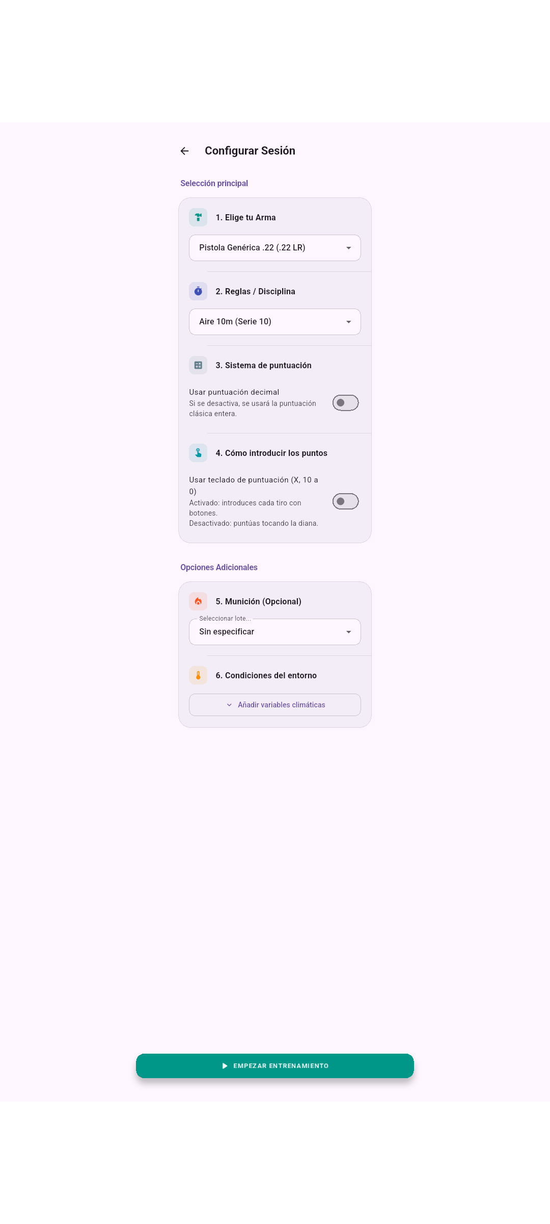 Pantalla de configurar entrenamiento